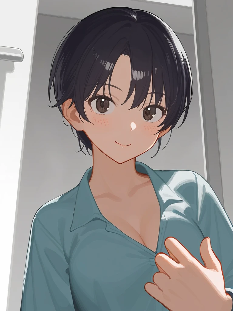 the woman posing for the camera in a bathroom with a room divider, solo, 大きな胸, 1人の女の子, 