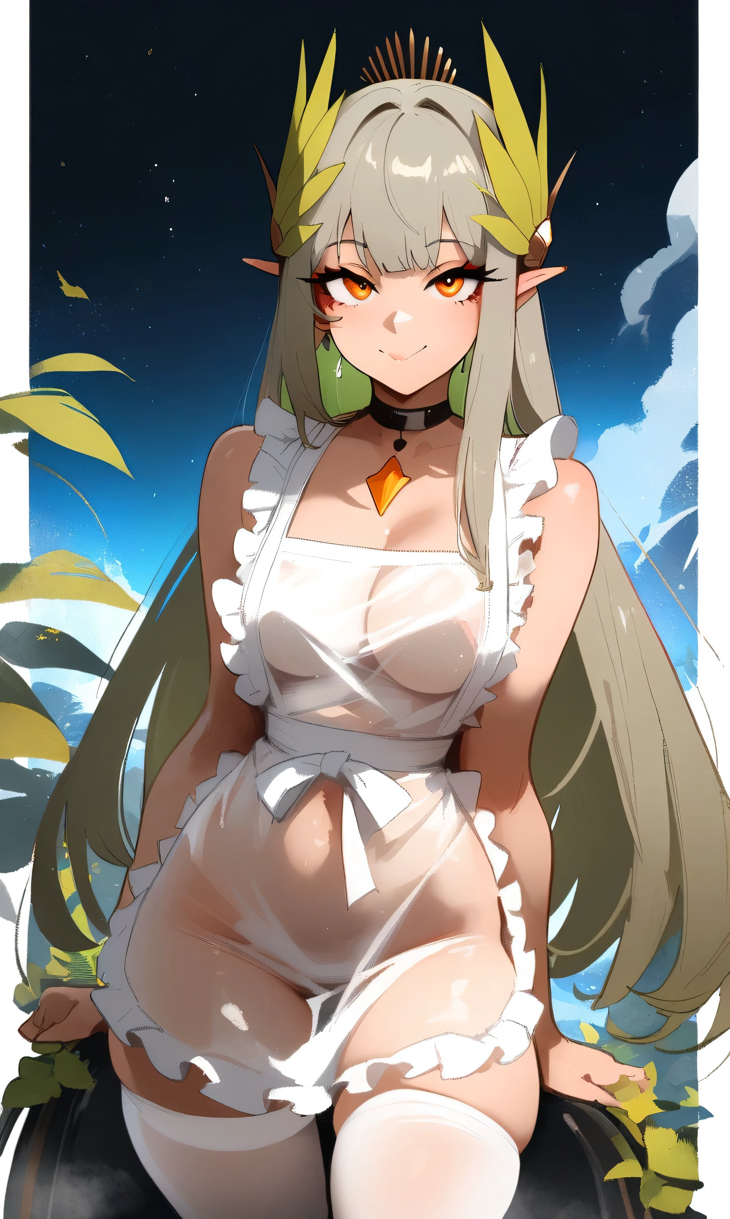 1girl, muelsyse \(arknights\), arknights
\\\\\ masterpiece, best quality, newest ///// nyantcha, khyle, cutesexyrobutts \\\\\ thin waist, solo, cropped legs,, dutch angle, naked apron,, transperent, see-through. sky, space, outside border, looking at viewer, greenery, orange eyes, green hair, stars, naughty face, white stockings, frilled apron