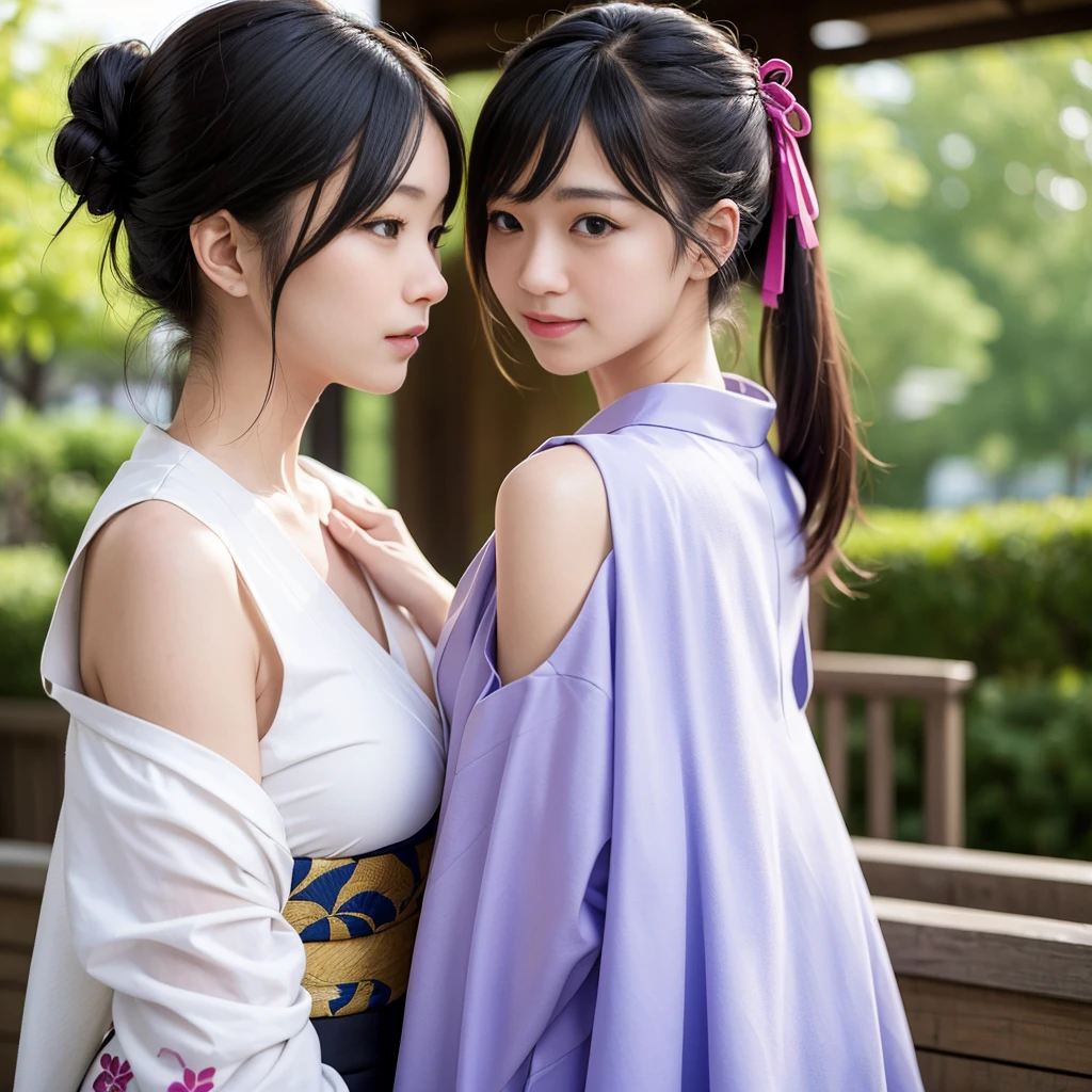The upper body of a Japanese woman wearing an elegant purple and white kimono。She looks back over her shoulder、She has a gentle smile on her face.。Her black hair was tied loosely、The back hair falls gently around the neckline of the kimono.