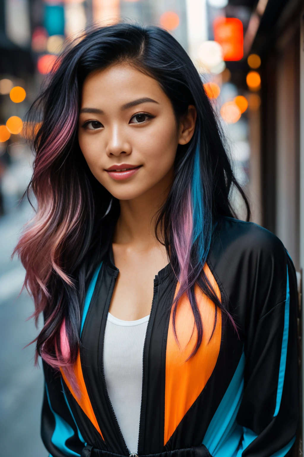 arafed woman with black hair , flowing pink hair, with black hair with blue highlights, photo of a beautiful woman, long flowing black hair, pink golden hour, curly black hair, beautiful young asian woman, beautiful asian woman, wild ginger hair, pink wispy hair, light black hair, a young asian woman, an asian woman, infp young woman, Portrait photo of a 24-year-old french girl in RAW UHD format (Black-eyed woman) Walk down the alley, day city, Details (textures! , Hair! , glistering, Color!! , imperfections: 1.1), highly detailed glossy eyes (looking at the camera), DSLR Lighting, SLR camera, Ultra-Quality, sharpness, Depth of field, Film grain (Downtown), Fujifilm XT3, Crystal clear, Frame Center, beatiful face, sharp-focus, neon lighting, bokeh (lit), day time, (open sky), detailed skin pores, oilly skin, suntan, Complex eye details, new york city, smiling, ((orange prison jump suit))