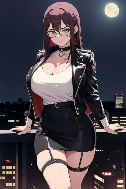 20 year old woman, busty, bubble butt, hourglass figure, skinny, blushing, frustrated expression, horny, seductive, long hair, wavy hair, wearing white shirt, leather jacket, high waisted skirt, black pencil skirt, latex skirt, black stockings, garter belt, glasses, high heels, office attire, tight fitting clothing, middrift, cleavage, anime, city at night, outside, punk, punk style, punk hair, doujin style, manga, flat colours