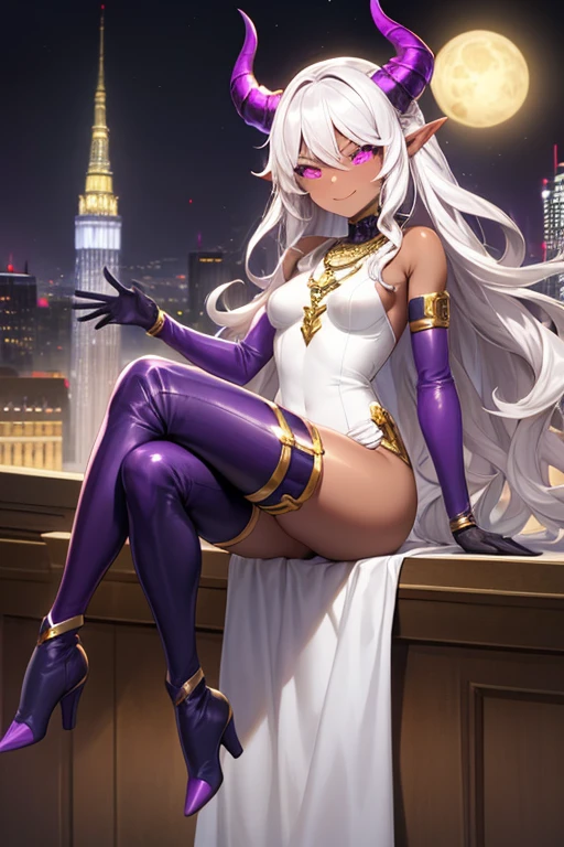((best quality)), ((masterpiece)), (detailed), 1 girl, full body, 20s, brown skin, dark elf, african american, flirty face, young adult, evil smile, pink eyes, moons in eyes, black sclera, white hair, somewhat wavy hair, long hair, bangs, blushing, medium breasts, small braid, gold necklace, crown, very small black horns, sorceress dress, bare arms, cloth on arms, seductive legs, purple boots, fan, golden wristbands, purple gloves, city background, magic, anime