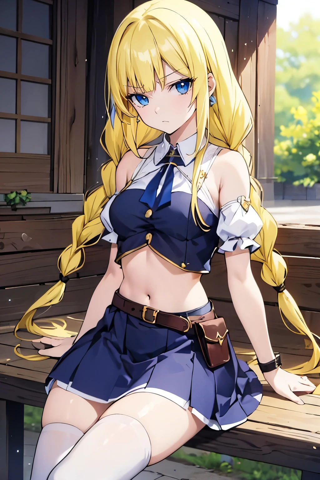 fairy_tail_style, solo, 1 girl, (young female body:1.4), (medium small breasts), golden yellow hair, extra long hair, blunt bangs, crystal blue eyes, very detailed eyes, cowboy shot, detailed eyes, town background, medieval town, fantasy, braided hair, yellow hair, adventuer girl, medieval fantasy, medieval clothes, sitting on a bench, short dark blue crop top, white skirt, belt, stockings, boots, short detached sleeves, short sleeves, white long skirt, dark blue top, ribbons, one leg up, bent knee, tigh belt, bow, twin braids,