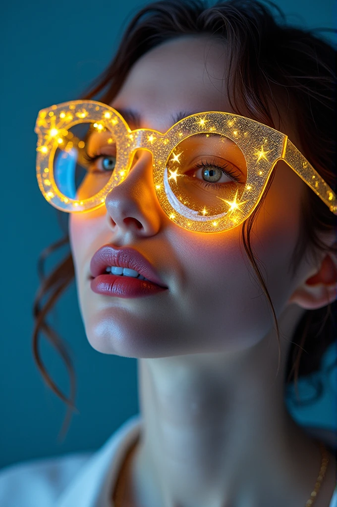 model wearing vitreous sunglasses with star and moon in the glass, in the style of dark sky-blue and light yellow, minimalist pen lines, fairy kei, use of precious materials, vibrant and lively hues, captivating, glitter