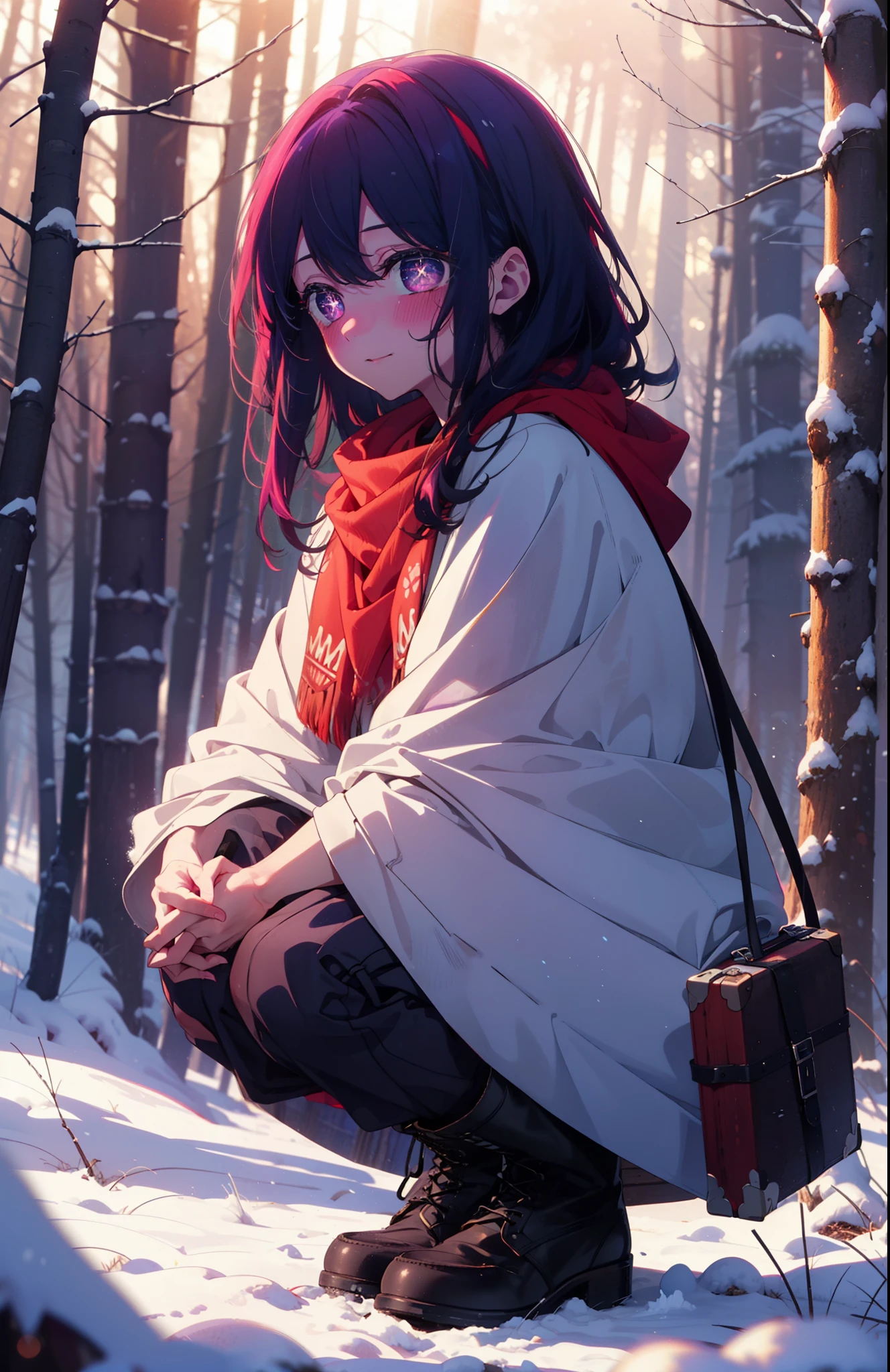 aihoshino, Ai Hoshino, Long Hair, bangs, (Purple eyes:1.1), Purple Hair, (Symbol-shaped pupil:1.5), smile,,smile,blush,white breath,
Open your mouth,snow,Ground bonfire, Outdoor, boots, snowing, From the side, wood, suitcase, Cape, Blurred, , forest, White handbag, nature,  Squat, Mouth closed, Cape, winter, Written boundary depth, Black shoes, red Cape break looking at viewer, Upper Body, whole body, break Outdoor, forest, nature, break (masterpiece:1.2), Highest quality, High resolution, unity 8k wallpaper, (shape:0.8), (Beautiful and beautiful eyes:1.6), Highly detailed face, Perfect lighting, Extremely detailed CG, (Perfect hands, Perfect ???????),