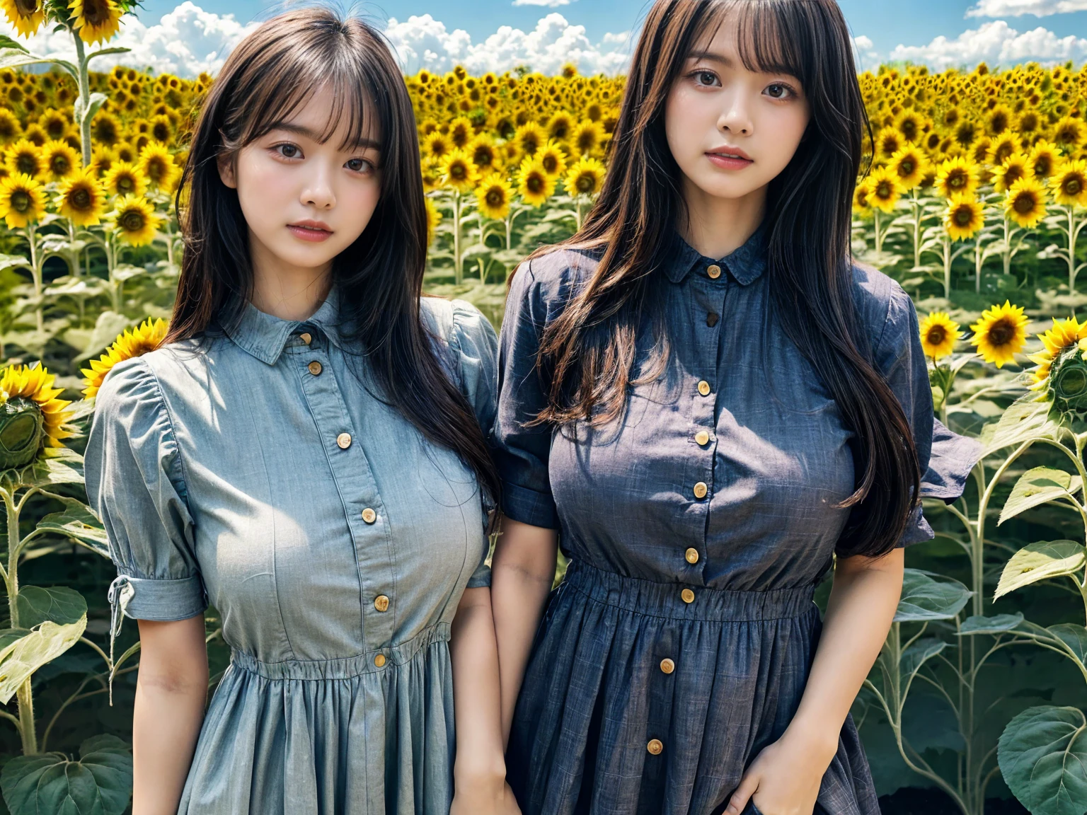 (8K, RAW Photos, Highest quality, masterpiece:1.2), (professional photography, full colors, studio-caliber color grading), (Gravure quality for high-end fashion magazines), close up, (2 girls), BREAK,18 year old girl, (straight hair:1.1), crying a little, Harajuku style, Big Natural Color Lip, (Plumpy body (smooth skin.1 (huge breasts BREAK (((casual dress.3)), BREAK (Sunflower field background)、