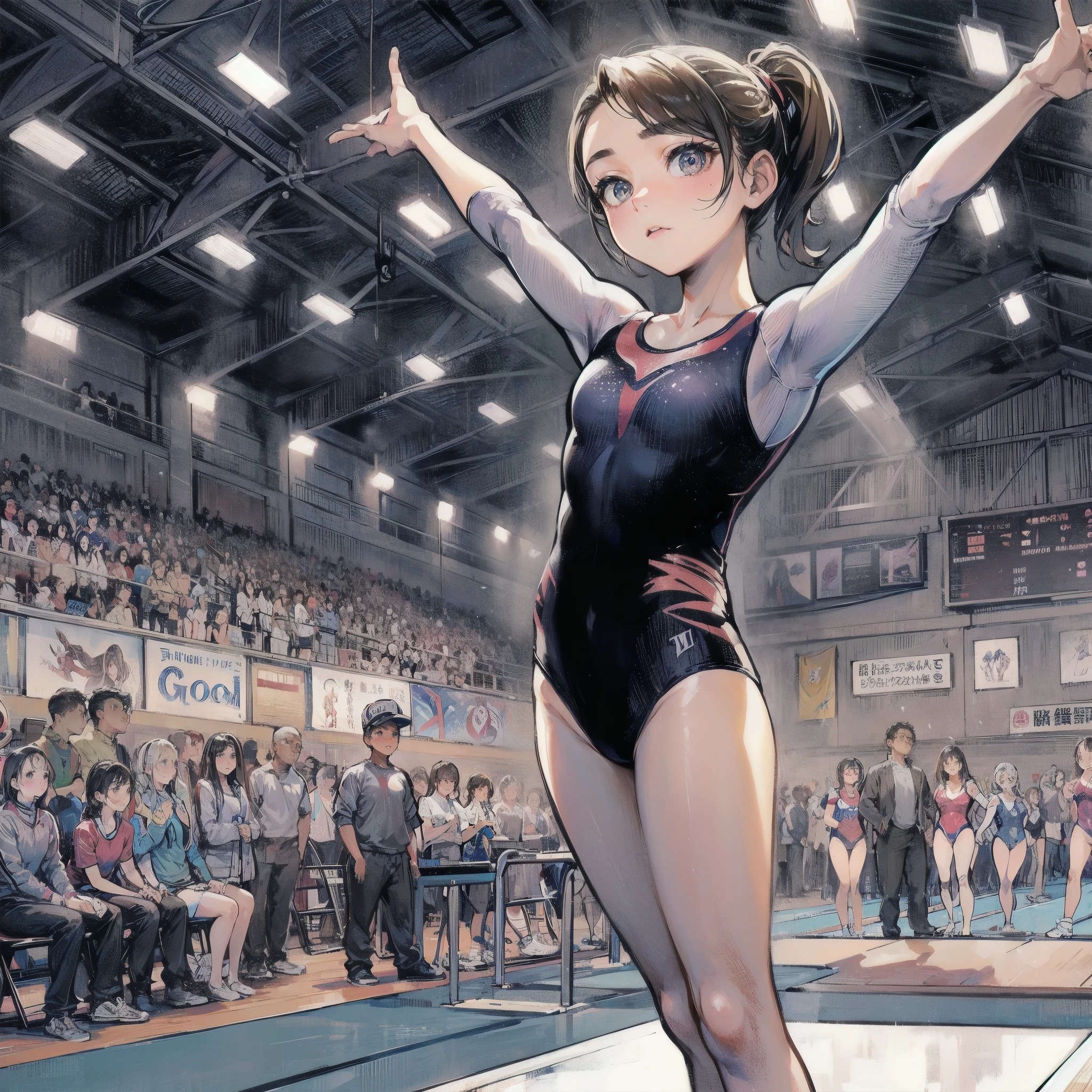 masterpiece, (textured skin), best quality, gorgeous beautiful girl, (a female gymnastics athlete), detailed clothes,large breasts,narrow waist,, (beautiful face), cinematic lighting, (at gymnastics venue ),