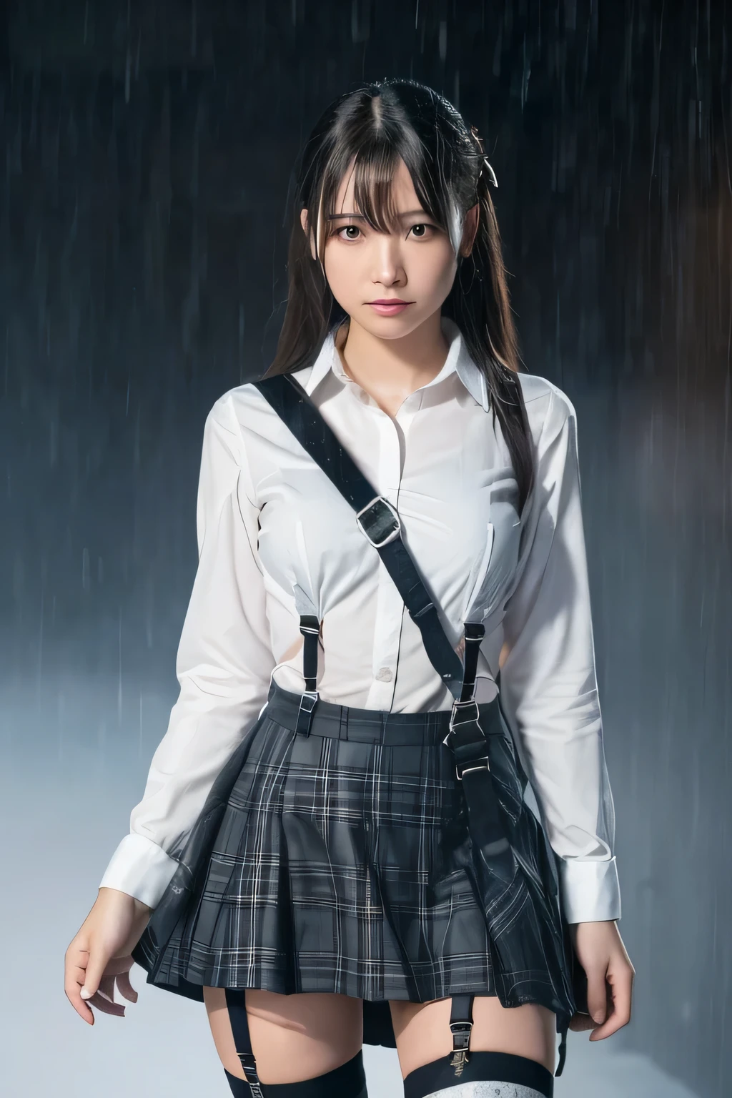 1 female, , high quality, masterpiece, Ultra-high resolution, Cinema Lighting, 1 female, , high quality, masterpiece, Ultra-high resolution, , Cinema Lighting, suspenders　　　Moderate breasts　 　 　　　　　 　　　　Small face　 　　　　　　　　　　　Looking up　　　　Sweat 　　　Thin belt　buzzer　脇Sweat 　　　　 　Garter belt　　Belt on pants　　holster　 　　Hands behind your back　 　Looking up　Anxious face　Knee-high　Knee socks　Knee-highソックス 　garter　ふとももにGarter belt　Checkered mini skirt　 　　Panty shot　Skirt gap Armament　　　holster　holster 　　Hands behind your back　 Anxious expression　　Anxious face, legs apart　Armament　　Leg holster　holster　See-through clothing　heavy rain　Rain-soaked dress shirt,