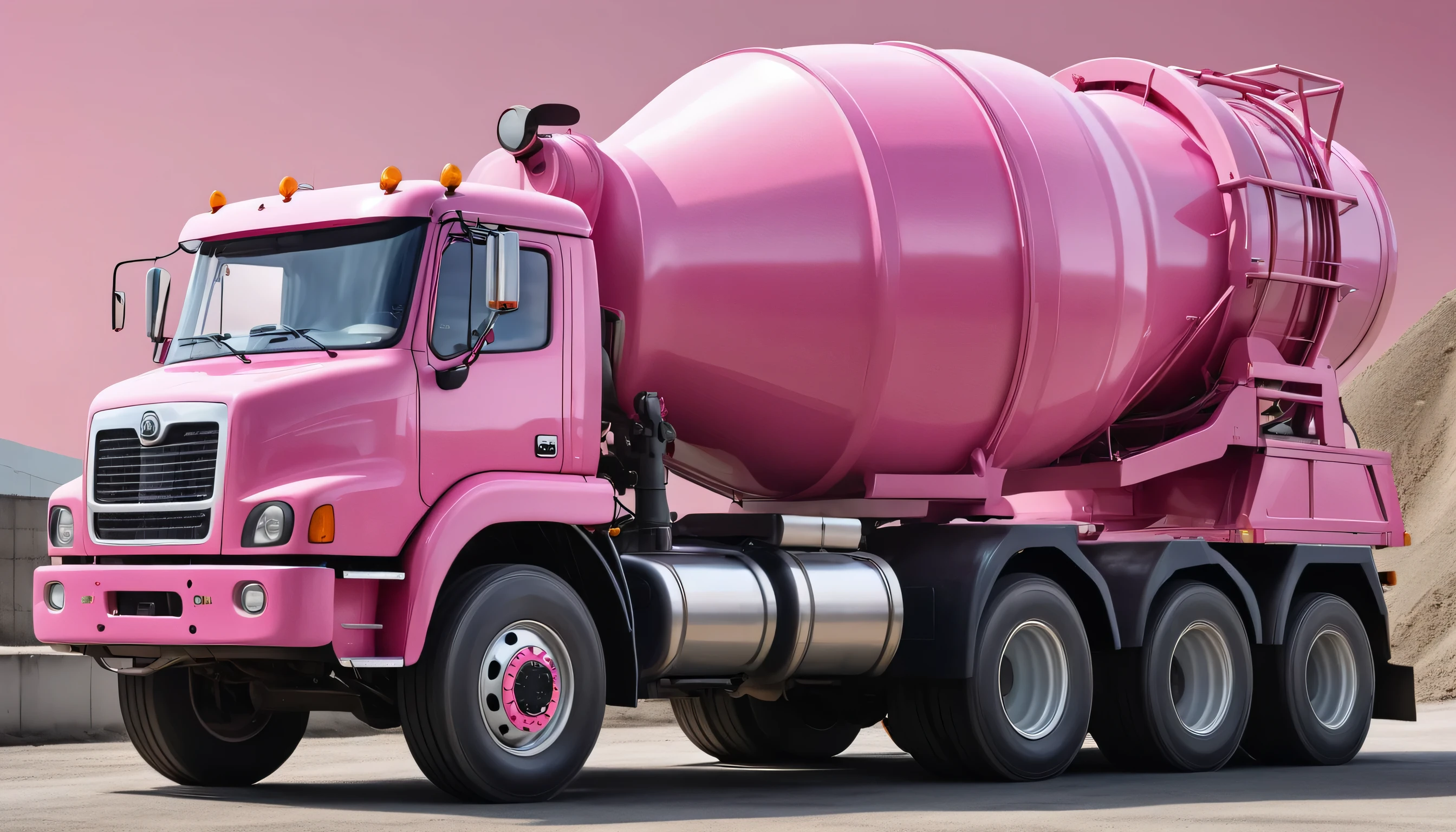 A pink cement mixer truck,side,Ultra HD,Hyperrealism,Photo level