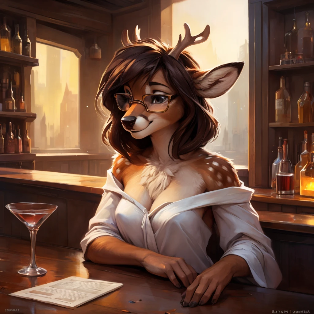 uploaded on e621, artstation, by Pixelsketcher, by Bayard Wu, by Thomas Benjamin Kennington , by Einshelm, by hioshiru and kenket, Chunie, portrait, solo anthro female deer doe, tiny featureless breasts, tiny breasts, clear dark blue, cinematic lighting, sitting on a bar counter, sitting inside at a party bar, night club background, shiny, chin short curly dark brown hair, shoulder length hair, wears big black nerd glasses, very very beautiful furry art, furry art, thoughtful, shiny, feminine, cute face, muzzle, fluffy chest, flawless face, Fallow deer, 1girl, Sakimichan is beautiful, Masterpiece, Wavethesallow Face, shiny, Detailed image, Detailed background, Detailed image, wears pure oversize white wide big blouse, shiny, realistic face, perfect anatomy, hourglass body, anthropomorphic deer, happy, very happy, small ears, huge black nerd glasses, hourglass body, (furry body:1.1), anthropomorphic deer, small fluffy tail, detailed background, (cute anatomy:1.1), sexy, sexy look