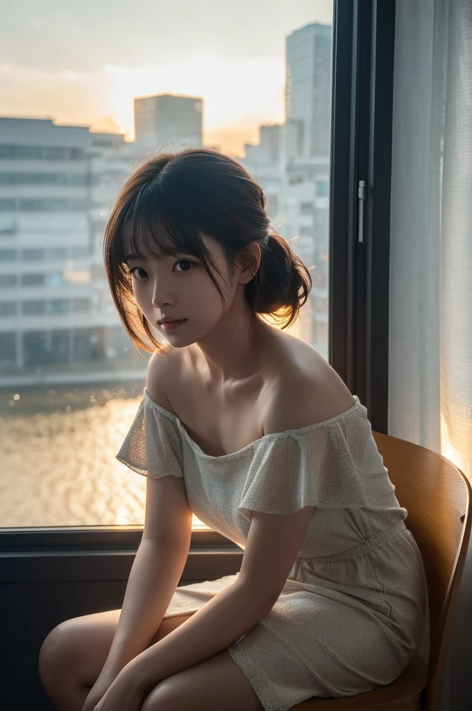 **prompt**:
**Characteristics of Japanese beautiful girls**:
This image contains、A beautiful Japanese girl sits by the window、Bathed in the light of the setting sun。She has a natural beauty、It has big eyes and a soft expression.。Hair is shoulder length、The slightly disheveled look brings out her natural charm.。
**Background features**:
The background is a cityscape at dusk.、The silhouettes of buildings and towns seen through the windows are beautiful.。There are some traces of rain on the window pane.、The light reflects off of it, creating a fantastic atmosphere.。
**Thin fabric clothing**:
She was wearing a thin off-the-shoulder dress.、A little shoulder exposure。The fabric is soft、The light filtering through highlights the texture of her skin.。
**Posing**:
her pose is relaxed、Sitting on a chair by the window、This is a kneeling position.。The gaze is directed towards the camera、The expression of her staring into the distance is impressive.。
**Photographic Techniques**:
This photo was taken vertically、The soft light of the setting sun shines on her。The backlighting makes her outline stand out.、The light from behind her makes her hair look beautiful.。The blurred background emphasizes her presence.、It gives the whole piece a fantastic and realistic feel.。