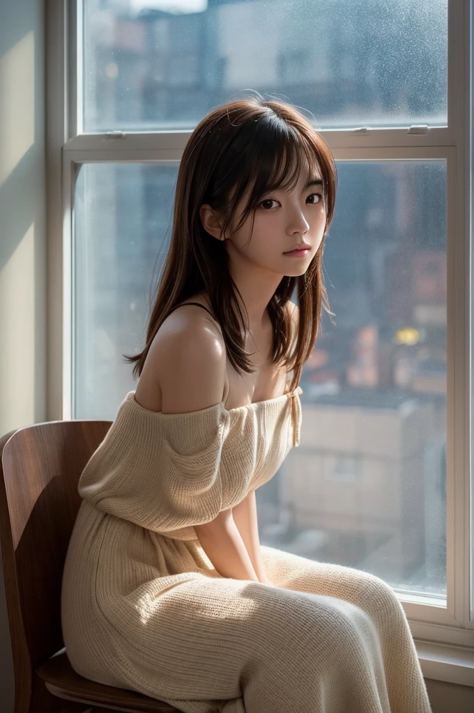 **prompt**：

**Characteristics of Japanese beautiful girls**：
This image contains、A beautiful Japanese girl sits by the window、Bathed in the light of the setting sun。She has a natural beauty、It has big eyes and a soft expression.。Hair is shoulder length、The slightly disheveled look brings out her natural charm.。

**Background features**：
The background is a cityscape at dusk.、The silhouettes of buildings and towns seen through the windows are beautiful.。There are some traces of rain on the window pane.、The light reflects off of it, creating a fantastic atmosphere.。

**Thin fabric clothing**：
She was wearing a thin off-the-shoulder dress.、A little shoulder exposure。The fabric is soft、The light filtering through highlights the texture of her skin.。

**Posing**：
her pose is relaxed、Sitting on a chair by the window、This is a kneeling position.。The gaze is directed towards the camera、The expression of her staring into the distance is impressive.。

**Photographic Techniques**：
This photo was taken vertically、The soft light of the setting sun shines on her。The backlighting makes her outline stand out.、The light from behind her makes her hair look beautiful.。The blurred background emphasizes her presence.、It gives the whole piece a fantastic and realistic feel.。