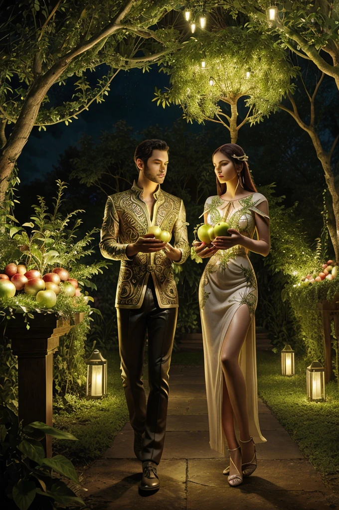 Depict Adam and Eve in the Garden of Eden holding glowing apples with intricate circuit patterns. The scene combines lush, traditional greenery with futuristic, digital elements. The apples should appear as if they are a blend of nature and technology, and the environment should reflect both a classic paradise and a hint of advanced, ethereal design.”