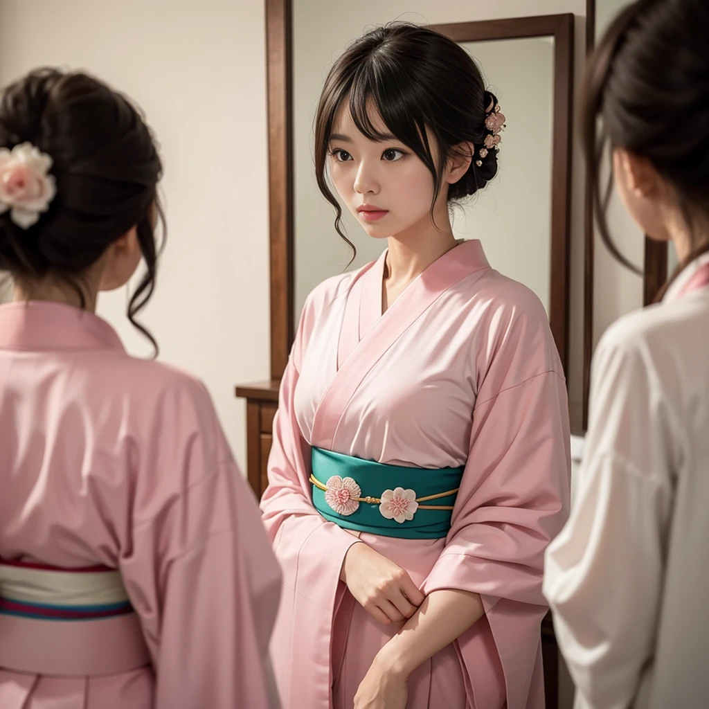 The upper body of a Japanese woman wearing a light pink kimono。She was arranging her hair gracefully.、Gazing into the mirror。With gentle eyes、The delicate design of the kimono accentuates femininity.