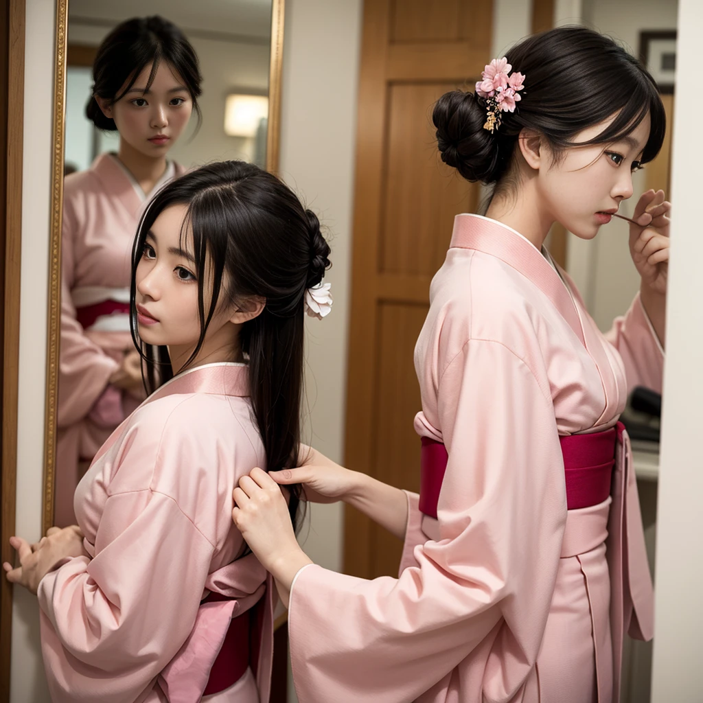 The upper body of a Japanese woman wearing a light pink kimono。She was arranging her hair gracefully.、Gazing into the mirror。With gentle eyes、The delicate design of the kimono accentuates femininity.