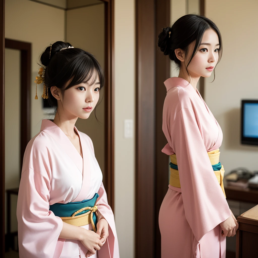 The upper body of a Japanese woman wearing a light pink kimono。She was arranging her hair gracefully.、Gazing into the mirror。With gentle eyes、The delicate design of the kimono accentuates femininity.