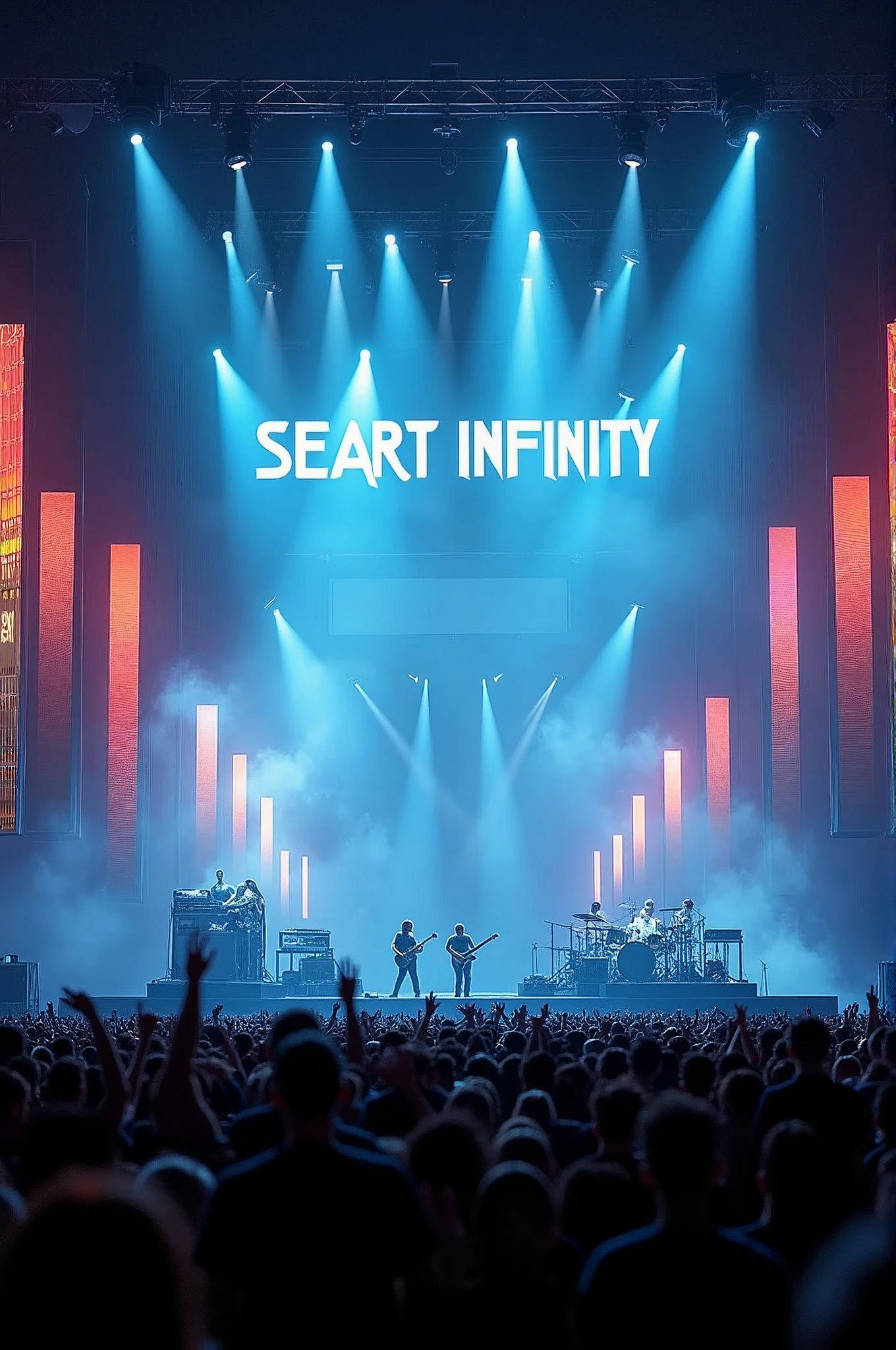 Hyperrealism，Movie-quality images，Concert scene，Band performance on the main stage，The big screen behind me shows SEAART INFINITY