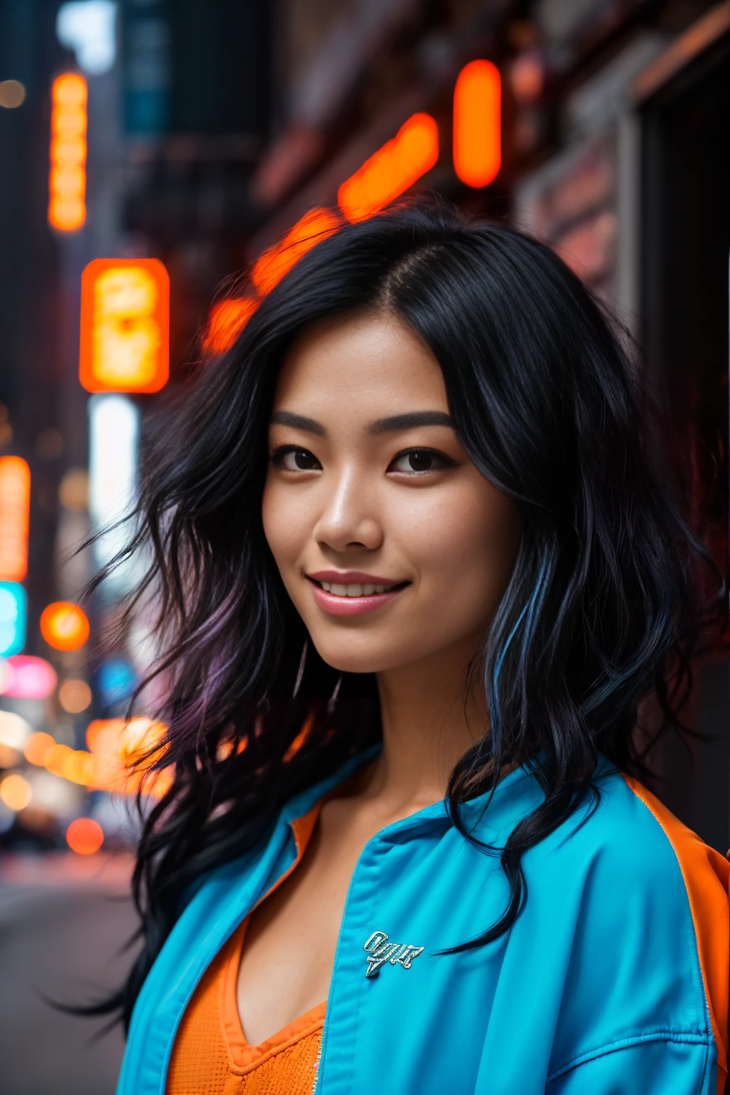 arafed woman with black hair , flowing pink hair, with black hair with blue highlights, photo of a beautiful woman, long flowing black hair, pink golden hour, curly black hair, beautiful young asian woman, beautiful asian woman, wild ginger hair, pink wispy hair, light black hair, a young asian woman, an asian woman, infp young woman, Portrait photo of a 24-year-old french girl in RAW UHD format (Black-eyed woman) Walk down the alley, day city, Details (textures! , Hair! , glistering, Color!! , imperfections: 1.1), highly detailed glossy eyes (looking at the camera), DSLR Lighting, SLR camera, Ultra-Quality, sharpness, Depth of field, Film grain (Downtown), Fujifilm XT3, Crystal clear, Frame Center, beatiful face, sharp-focus, neon lighting, bokeh (lit), day time, (open sky), detailed skin pores, oilly skin, suntan, Complex eye details, new york city, smiling:1.2, ((orange prison jump suit))