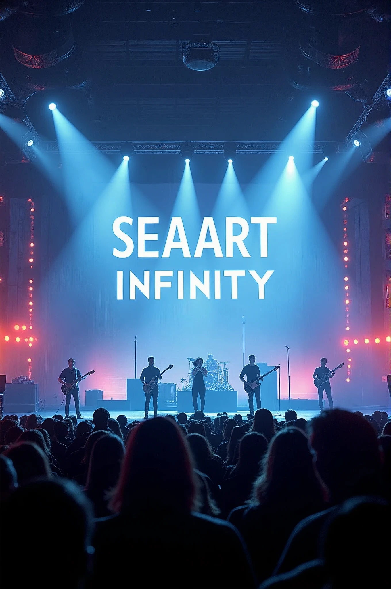 Hyperrealism，Movie-quality images，Concert scene，Band performance on the main stage，The big screen behind me shows SEAART INFINITY