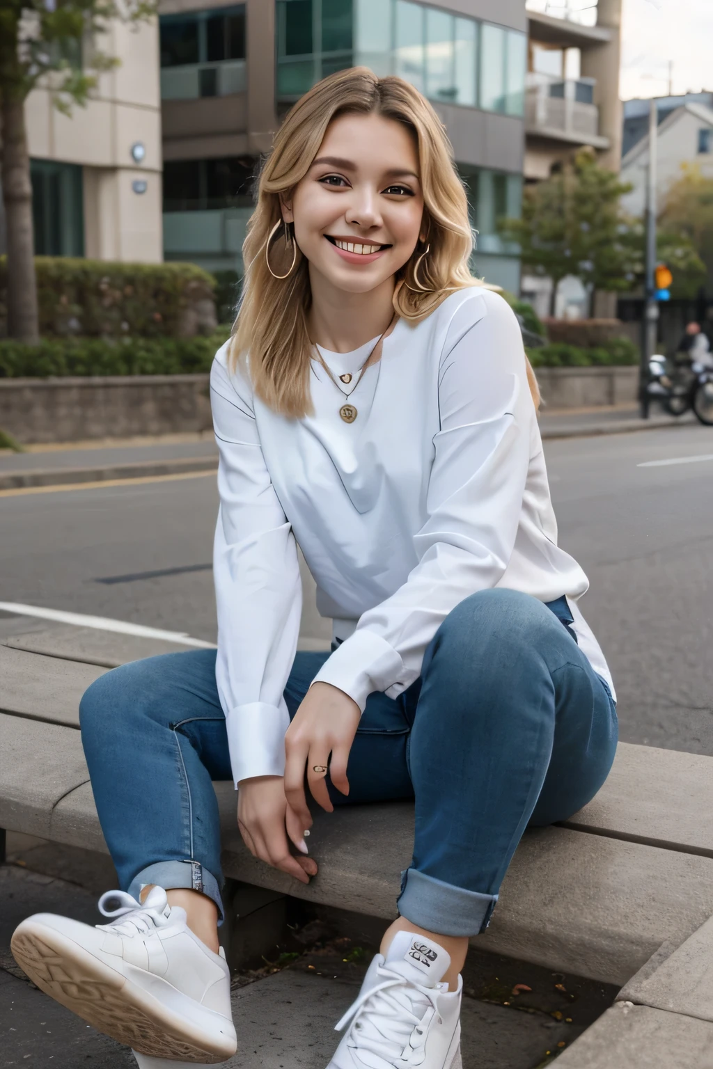 Highest quality, woman sitting on a bench、Full body photo、,smile、Beautiful teeth alignment、White women、Blonde Hair、Dark eyeliner、、Long sleeve blouse、Skinny jeans、sneakers、ear piercing、necklace, , Face Focus、The background is the building's corridor.
