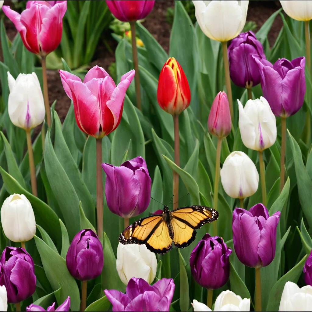 Tulip, Bloom, Color palette, Red, Pink, Purple, White, Bicolor, Charm, Smooth, Cupped, Central stigma, Floral structure, Leaves, Long and narrow, Spring, Sway, Butterflies, Honeybees, Pollinate, Garden, Flowerbeds, Bouquets, Love, Hope, Renewal, Photography, detailed, 8K, realistic,(simple-background), no-humans