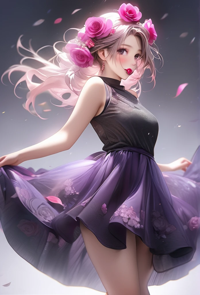 Multiple Exposure, masterpiece:1.2, Highest quality, High resolution, 16K, Beautiful details, Ultra-realistic, Photorealistic:1.37, Beautiful and cute girl, dance a flamenco, With a single deep purple rose in her mouth, growing glay eye, shining student, Blushed, Shiny rosy lips, Beautiful delicate(hair, face, eye, student, Flamenco costumes, ), Jet Black、Full Body View、Uplifting