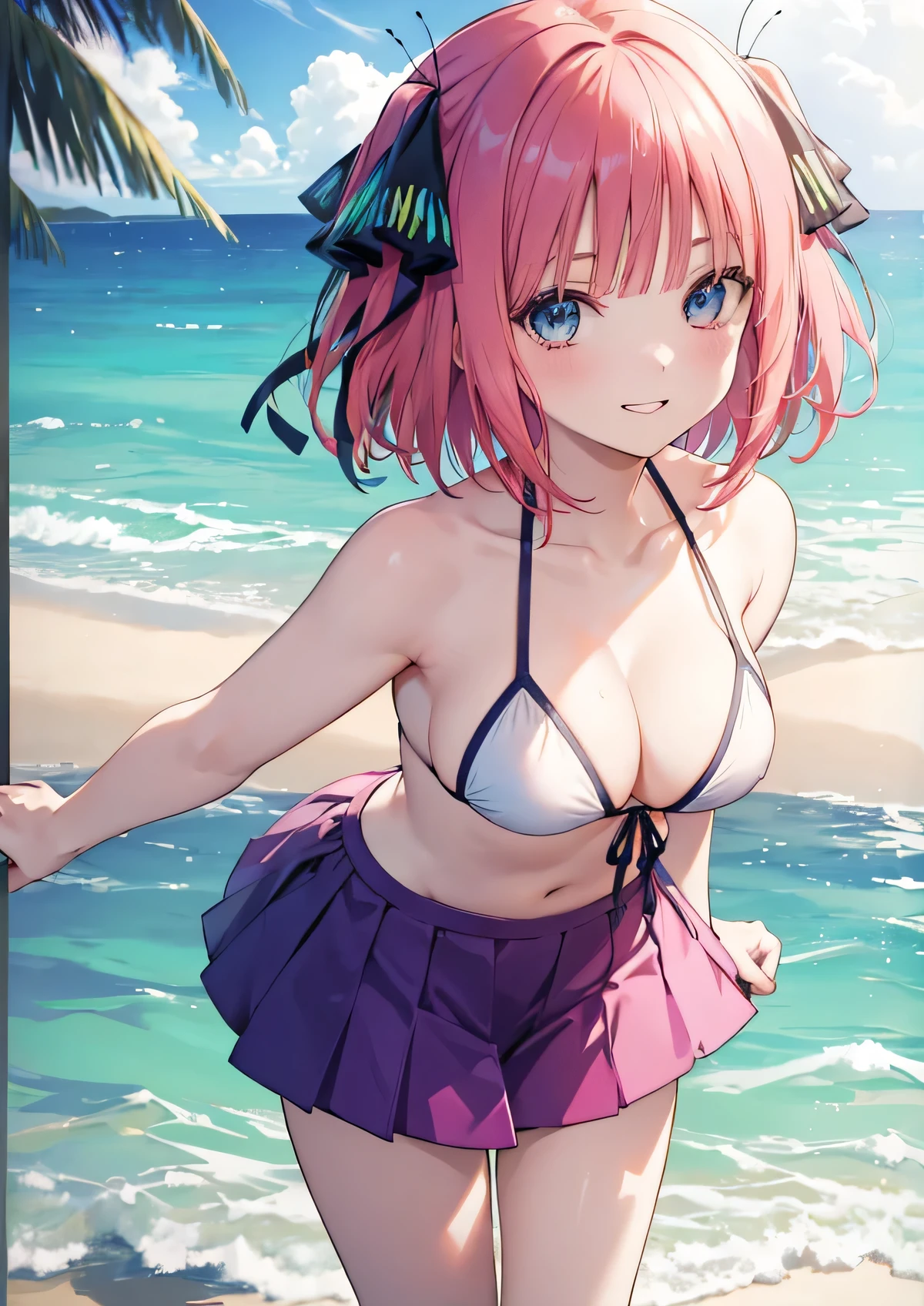 Nino Nakano is a character that appears in the anime "The Quintessential Quintuplets" 「The background is a sunny day at the sandy beach...」The eyes of this character are blue. My hairstyle is a bob cut with shockingpink color. This character is wearing a butterfly hair accessory. Please focus on this character. This character has a very lovely smile.high Quality. .. masterpiece,best quality,ultra detailed, My breast size is D cup. The background is a sunny day at the sandy beach. This character is wearing Skirt-style-bikini bikini.{ The color of this Micro bikini is very pink. } . Additionally, a glimpse of cleavage can be seen.
{bust-up shot}{High Resolution}{BestQuality}
{This character is facing forward and slightly leaning forward.}
(high angle shot)
{ This character is lying on the beach.}