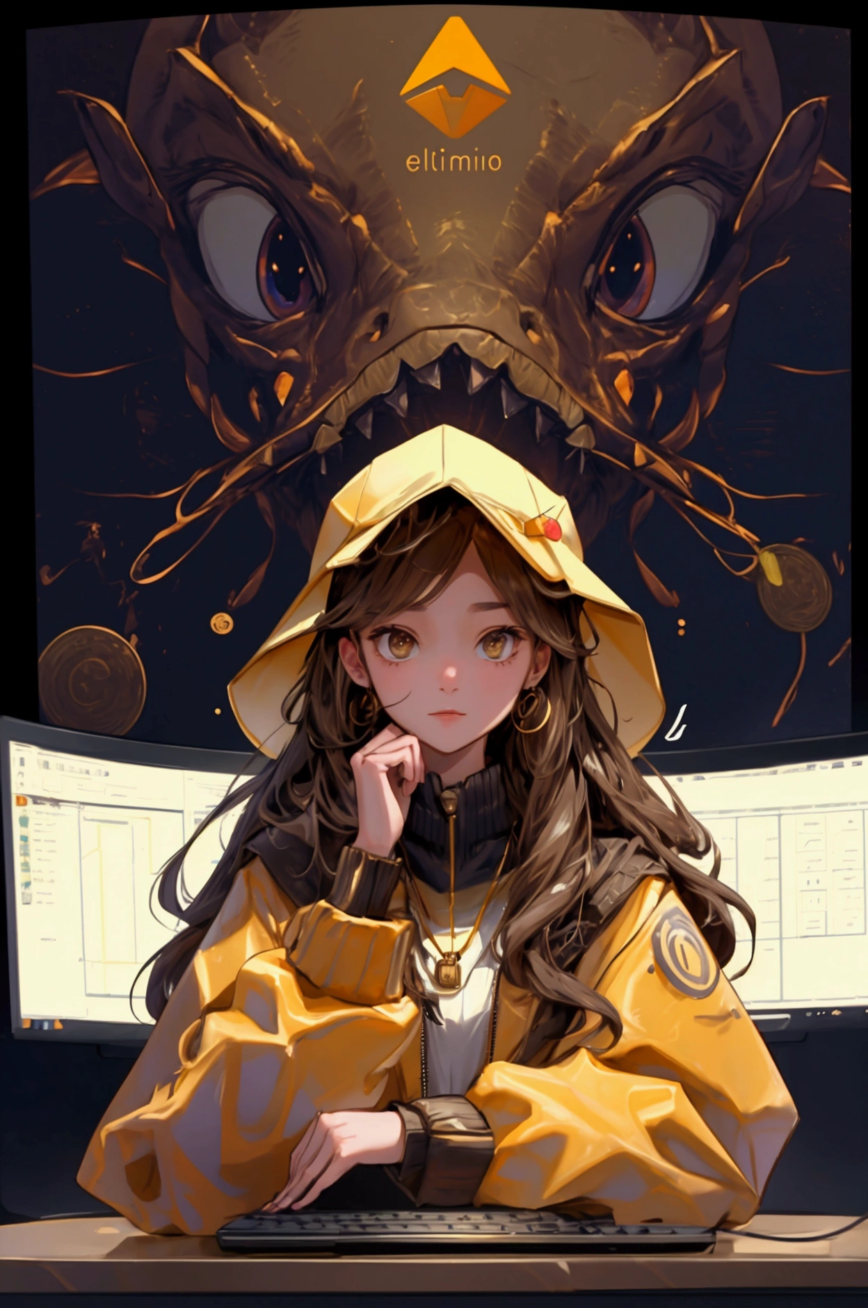 A beautiful and cute girl sitting at a desk in a brown landscape background with mountains. She should be wearing a hat and golden accessories with Bitcoin and Ethereum symbols. The background includes a computer screen displaying cryptocurrency charts, various Bitcoin coins scattered around, and Ethereum symbols floating. The girl should have a confident and stylish appearance, embodying the same business and crypto-savvy theme as the original dinosaur.