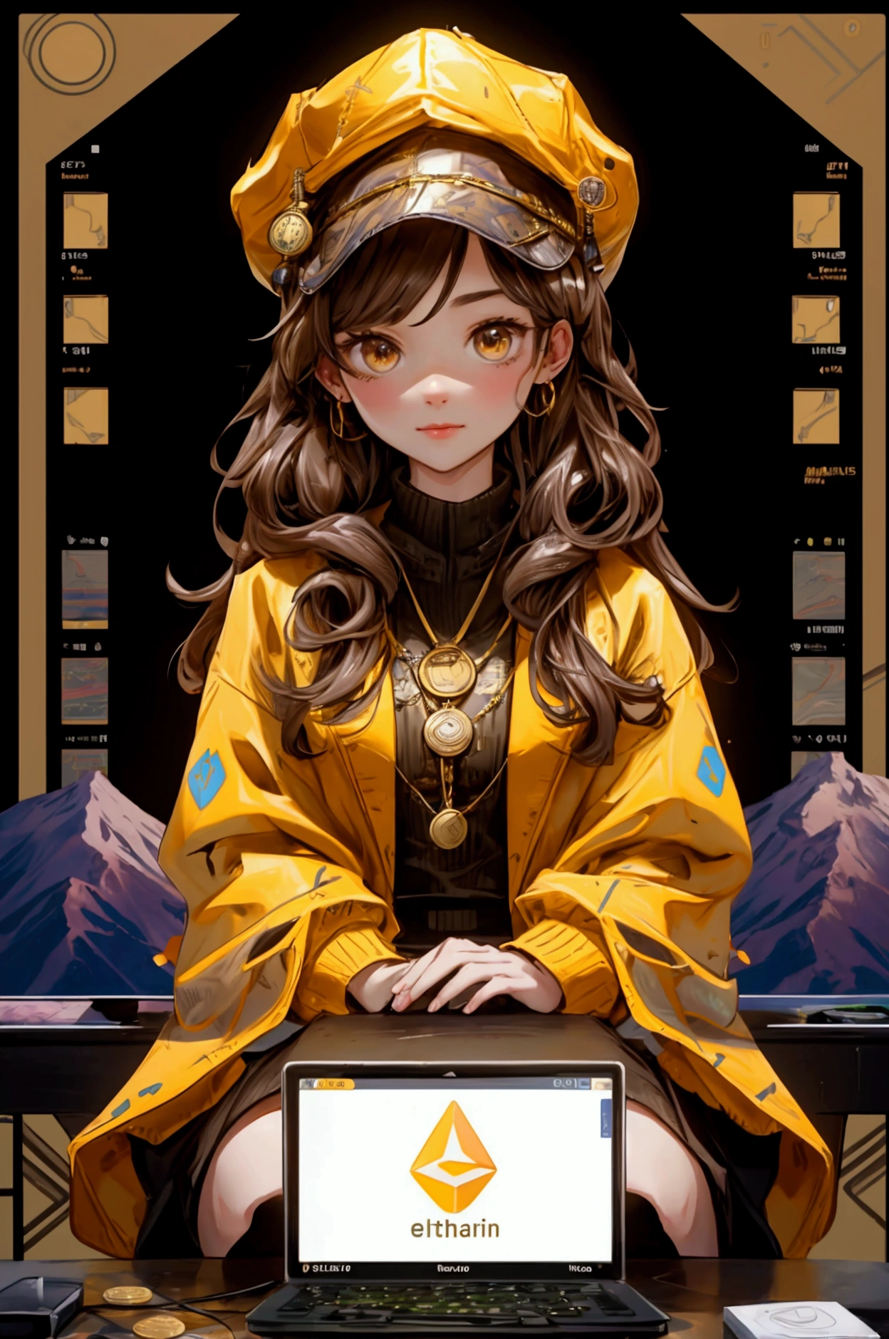 A beautiful and cute girl sitting at a desk in a brown landscape background with mountains. She should be wearing a hat and golden accessories with Bitcoin and Ethereum symbols. The background includes a computer screen displaying cryptocurrency charts, various Bitcoin coins scattered around, and Ethereum symbols floating. The girl should have a confident and stylish appearance, embodying the same business and crypto-savvy theme as the original dinosaur.