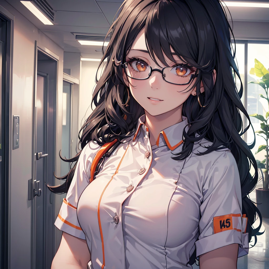 A woman with beautiful long black wavy hair, orange eyes, and a mischievous expression, standing in a brightly lit hospital hallway, wearing a nurse uniform, looking slightly down at the viewer, surrounded by medical equipment and plants, with soft, flattering lighting creating gentle shadows, an authoritative and confident aura, no headwear, wearing glasses, (best quality,4k,8k,highres,masterpiece:1.2),ultra-detailed,(realistic,photorealistic,photo-realistic:1.37),detailed eyes, detailed lips, extremely detailed face, long eyelashes, nurse, hospital, hallway, medical equipment, plants, soft lighting, confident expression, glasses