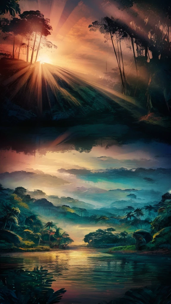 Rainforest aesthetic view, sunrise,Depicting a mysterious river in the Amazon forest、Ultra-realistic and highly detailed beautiful masterpiece, With the setting sun, 