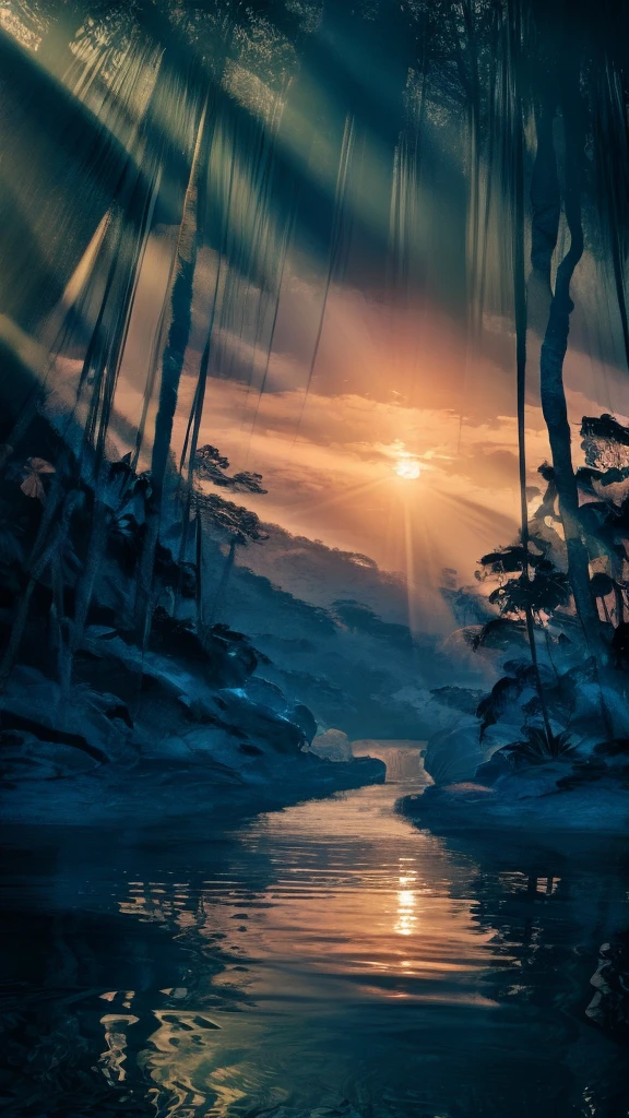 Rainforest aesthetic view, sunrise,Depicting a mysterious river in the Amazon forest、Ultra-realistic and highly detailed beautiful masterpiece, With the setting sun, 