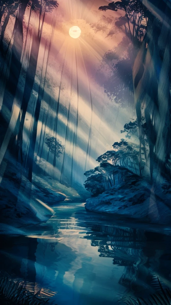 Rainforest aesthetic view, sunrise,Depicting a mysterious river in the Amazon forest、Ultra-realistic and highly detailed beautiful masterpiece, With the setting sun, 