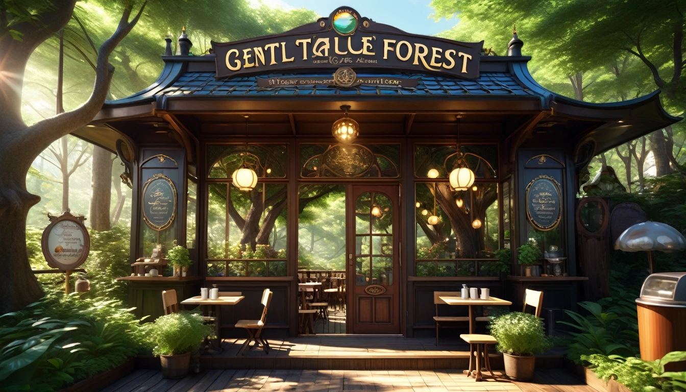 Whimsical fairy tale forest、魅惑的なmagical fantasy forest、coffee shop、Steampunk Forest、magical fantasy forest、fairy tale place、Cafe、雲の中のCafe、、Fairy Forest、Magical Forest、There is a cute sign with a picture of coffee at the entrance.、There is terrace seating in front of the store.、Gentle sunlight through the trees、Different world、Different dimension、Very realistic、Realistic、Surreal、masterpiece、Highest quality、High resolution、8k、3D Rendering、Depth of written boundary
