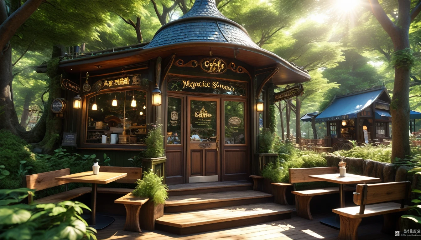 Whimsical fairy tale forest、魅惑的なmagical fantasy forest、coffee shop、Steampunk Forest、magical fantasy forest、fairy tale place、Cafe、雲の中のCafe、、Fairy Forest、Magical Forest、There is a cute sign with a picture of coffee at the entrance.、There is terrace seating in front of the store.、Gentle sunlight through the trees、Different world、Different dimension、Very realistic、Realistic、Surreal、masterpiece、Highest quality、High resolution、8k、3D Rendering、Depth of written boundary
