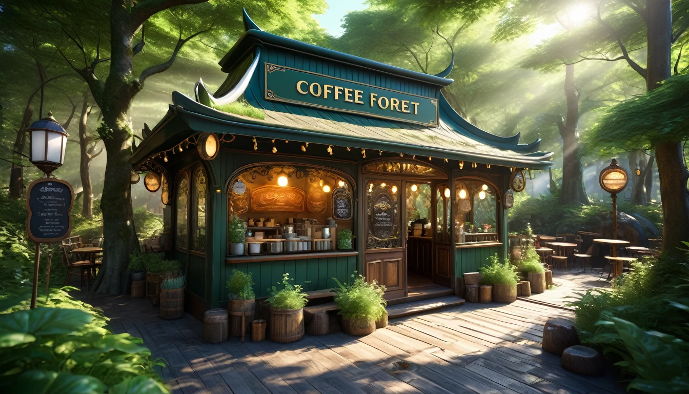 Whimsical fairy tale forest、魅惑的なmagical fantasy forest、coffee shop、Steampunk Forest、magical fantasy forest、fairy tale place、Cafe、雲の中のCafe、、Fairy Forest、Magical Forest、There is a cute sign with a picture of coffee at the entrance.、There is terrace seating in front of the store.、Gentle sunlight through the trees、Different world、Different dimension、Very realistic、Realistic、Surreal、masterpiece、Highest quality、High resolution、8k、3D Rendering、Depth of written boundary
