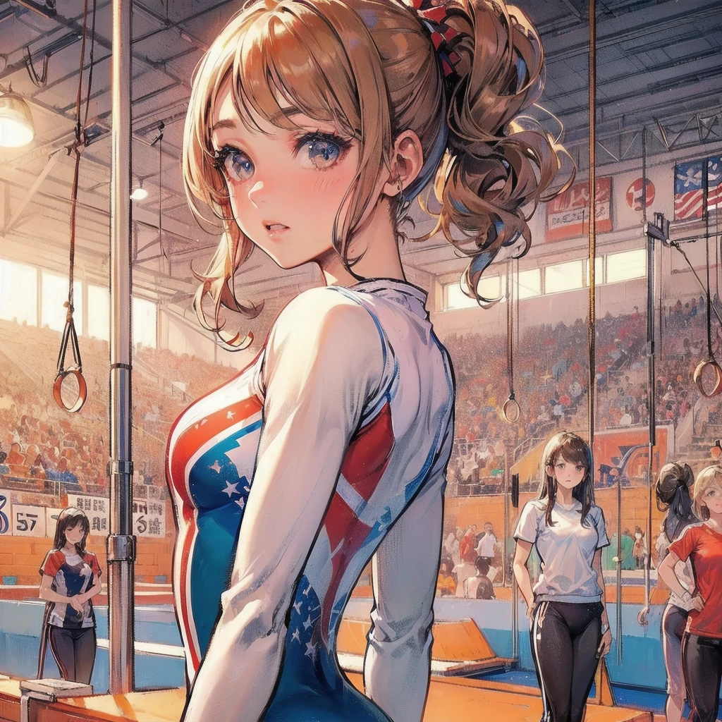  masterpiece, (textured skin), best quality, gorgeous beautiful girl, (a female gymnastics athlete), detailed clothes,large breasts,narrow waist,, (beautiful face), cinematic lighting, (at gymnastics venue ),