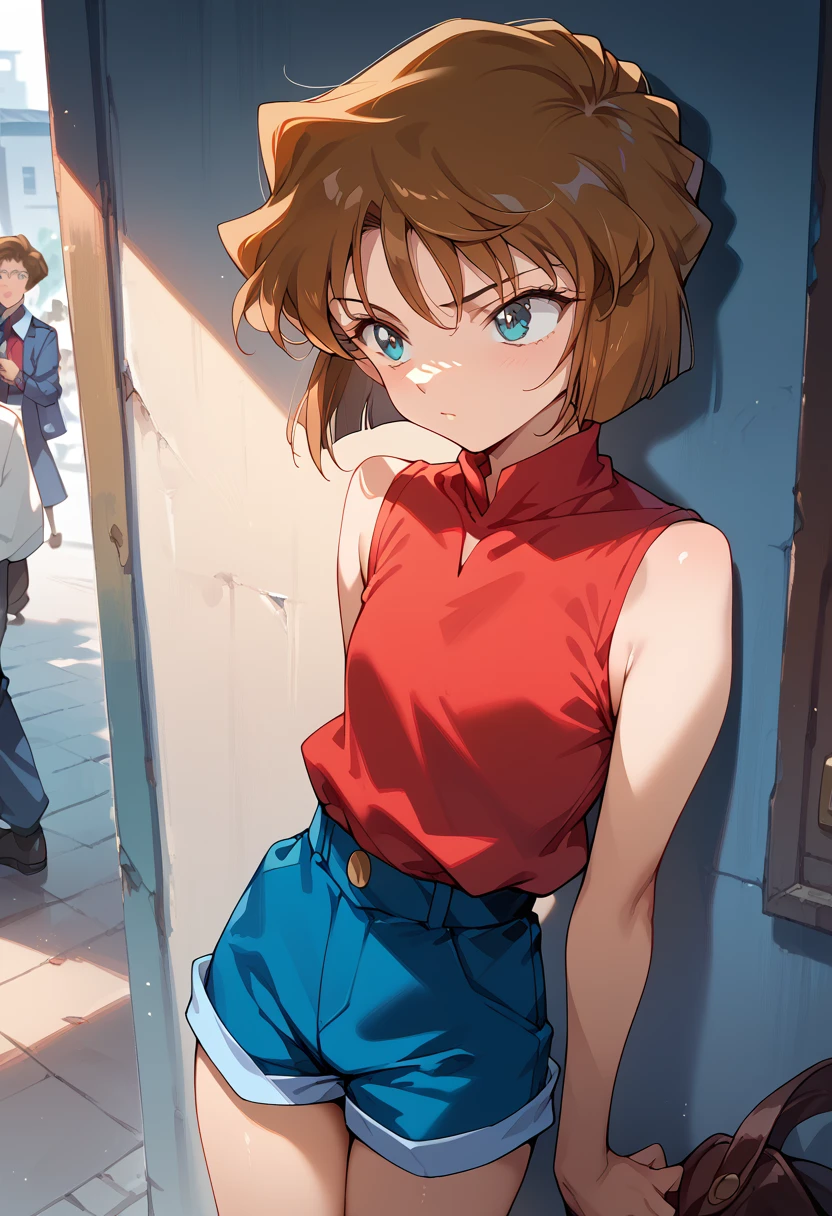 masterpiece,High resolution,Highest quality,8k
(Detective Conan,ai haibara)
(***************,,Flat Chest,Short,Brown Hair,short hair)
(Red sleeveless,Navy blue shorts)