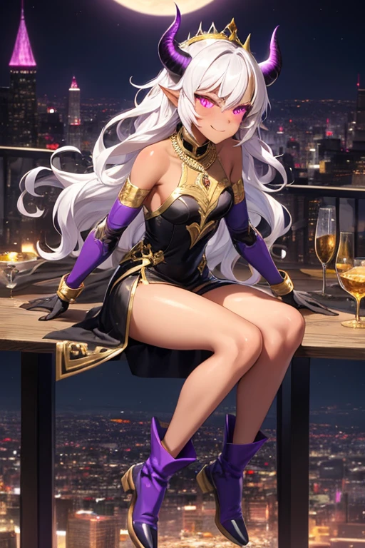 ((best quality)), ((masterpiece)), (detailed), 1 girl, full body, 20s, brown skin, dark elf, african american, flirty face, young adult, evil smile, pink eyes, black sclera, white hair, somewhat wavy hair, long hair, bangs, blushing, medium breasts, small braid, gold necklace, crown, very small black horns, purple and white witch dress, bare arms, cloth on arms, seductive legs, purple boots, fan, golden wristbands, purple gloves, city background, magic, anime