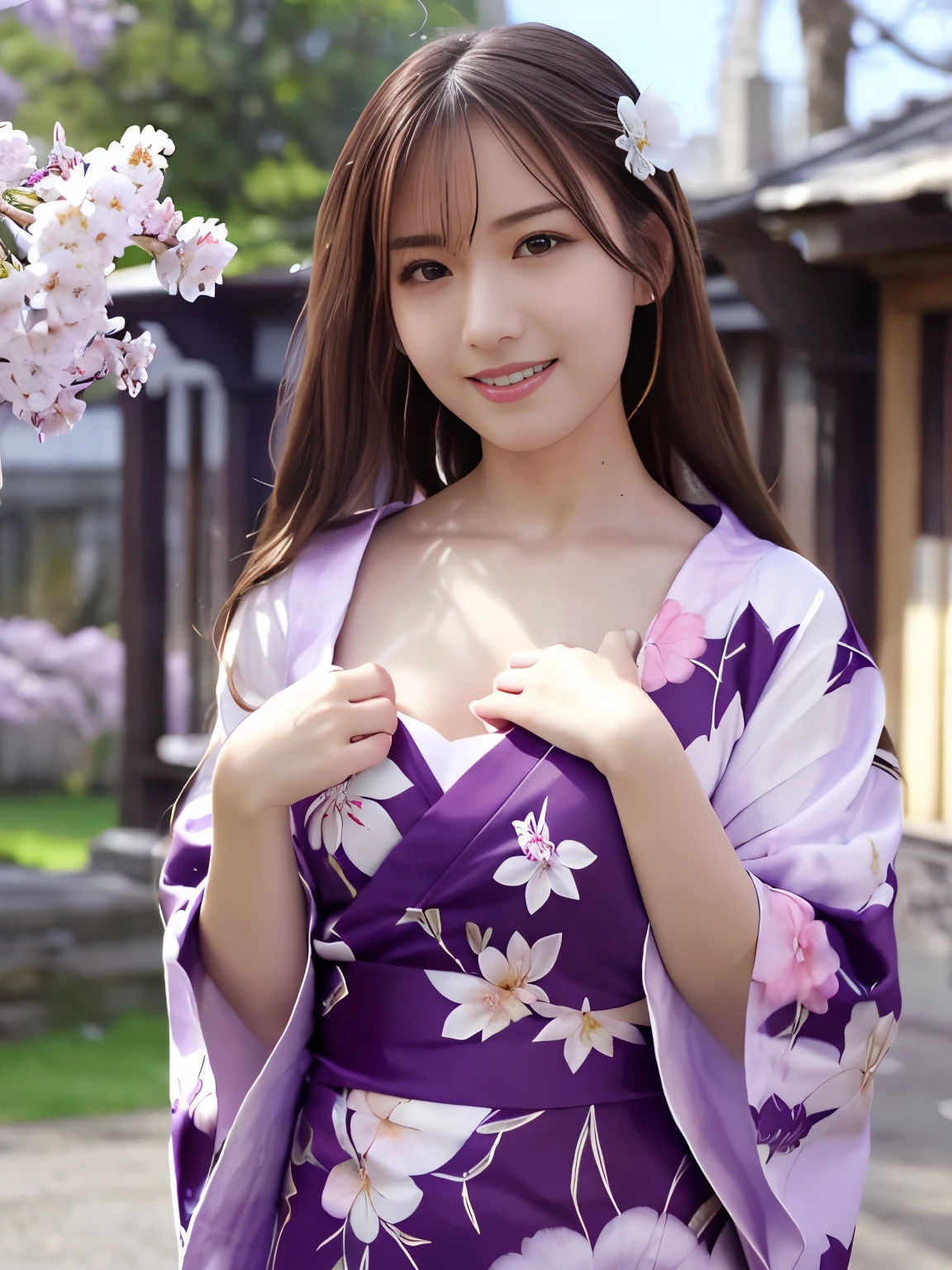 ((photorealistic:1.3)),((ultra detailed)),((sharp:1.2)),((cinematic light)),1girl, solo,(grin), Transparent skin,fein detailed face,long hair, cherry blossom, hanami, white flower, white flower, wisteria,flower, plum blossoms, outdoors, falling petals, black eyes, white kimono, purple hairsumi,(yukata), starlight hair,hair down,full body,Gravure Model Pose、((Hair soaring in the wind)),
