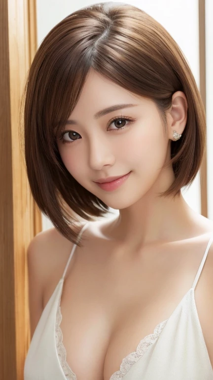 masterpiece、Highest quality、High resolution、Tabletop、wallpaper、Realistic、Bright lighting、Professional Lighting、Face Light、Smooth lighting、Japanese women、Adult、Beautiful woman、action、gravure、sexy、poor、so beautiful、Beautiful Skin、Beautiful and detailed、Detailed face、slim、moderately、short hair、Brunette colored hair、Brown eyes、Looking at the camera、smile、Cleavage