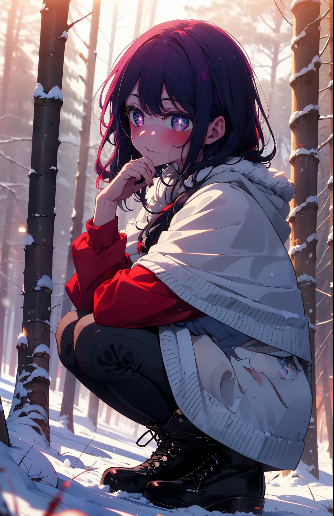 aihoshino, Ai Hoshino, Long Hair, bangs, (Purple eyes:1.1), Purple Hair, (Symbol-shaped pupil:1.5), smile,,smile,blush,white breath,
Open your mouth,snow,Ground bonfire, Outdoor, boots, snowing, From the side, wood, suitcase, Cape, Blurred, , forest, White handbag, nature, Squat, Mouth closed, Cape, winter, Written boundary depth, Black shoes, red Cape break looking at viewer, Upper Body, whole body, break Outdoor, forest, nature, break (masterpiece:1.2), Highest quality, High resolution, unity 8k wallpaper, (shape:0.8), (Beautiful and beautiful eyes:1.6), Highly detailed face, Perfect lighting, Extremely detailed CG, (Perfect hands, Perfect ???????),