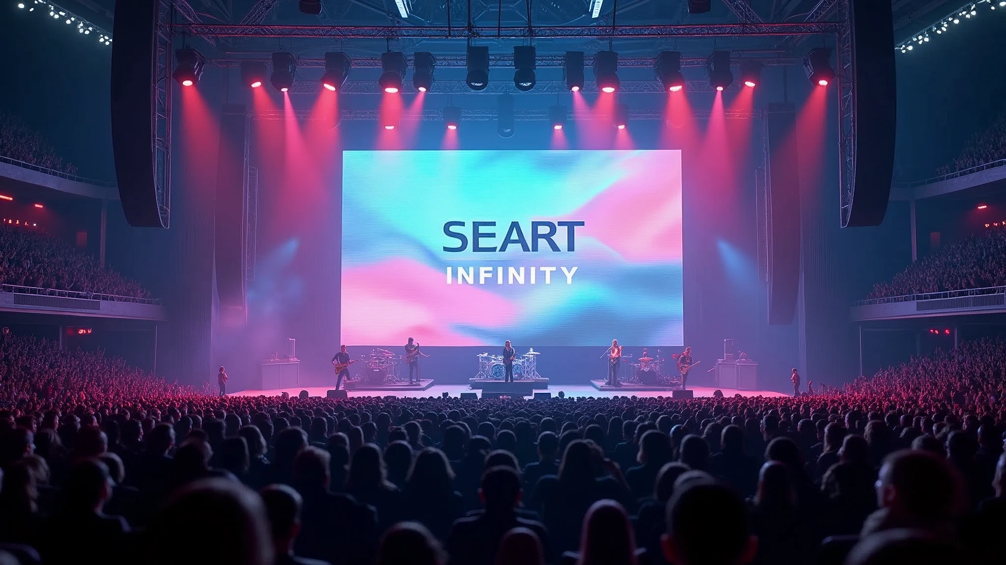 Hyperrealism，Movie-quality images，Concert scene，Band performance on the main stage，The big screen behind me shows SEAART INFINITY