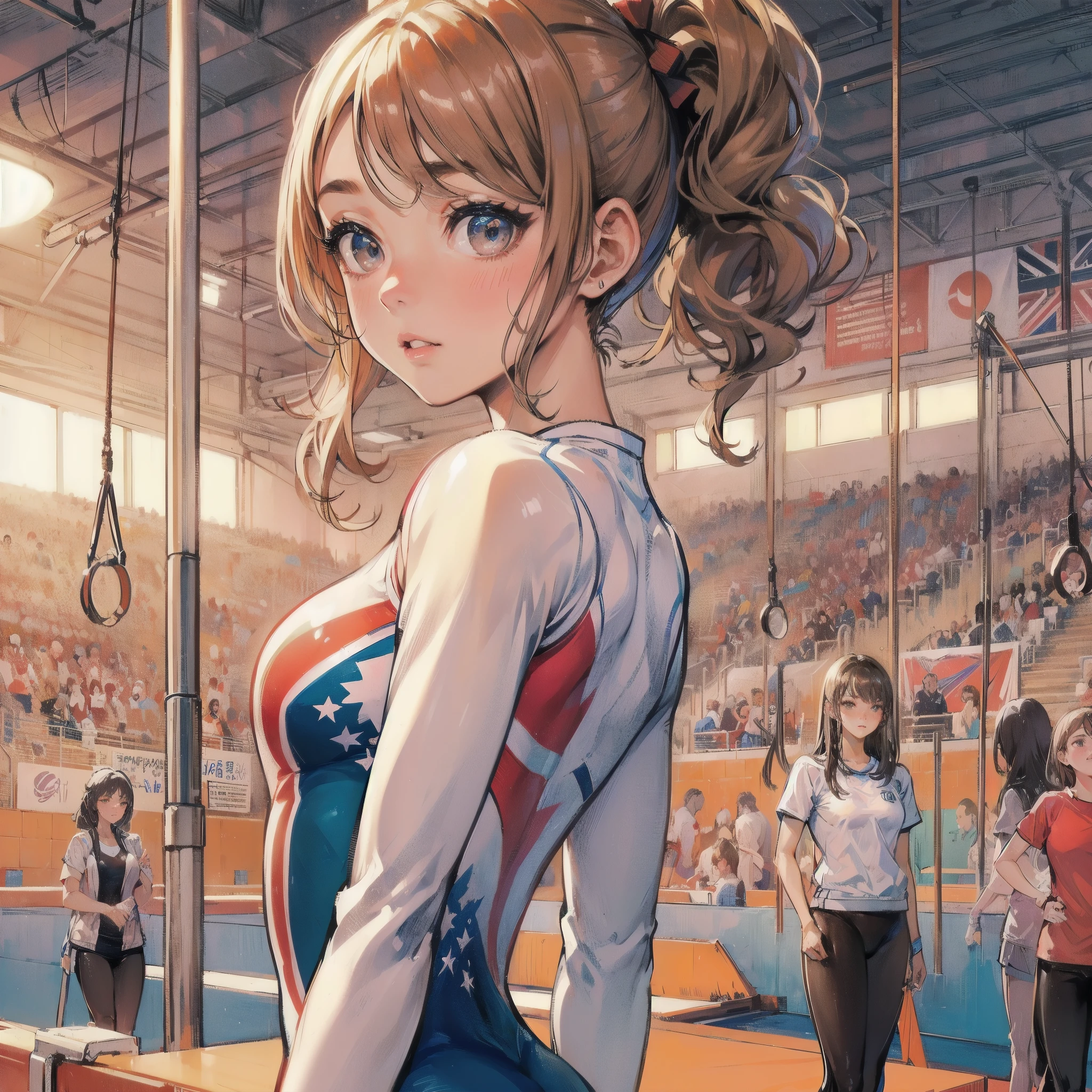  masterpiece, (textured skin), best quality, gorgeous beautiful girl, (a female gymnastics athlete), detailed clothes,large breasts,narrow waist,, (beautiful face), cinematic lighting, (at gymnastics venue ),