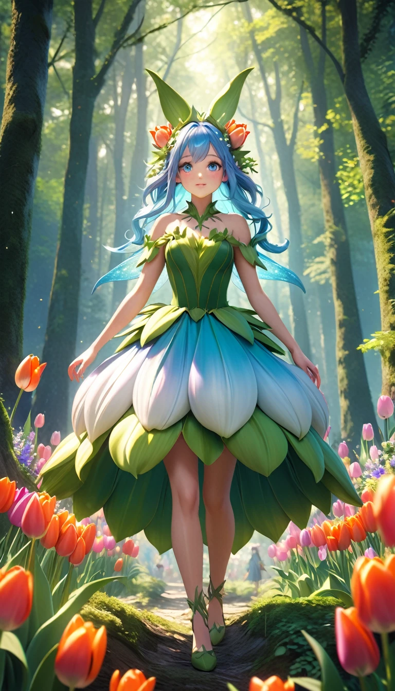 a fantasy forest nymph wearing a tulip dress, detailed face and eyes, detailed tulip outfit, dress made from tulip,  detailed forest background, 4k, ultra-detailed, photorealistic, cinematic lighting, vibrant colors, lush foliage, magical atmosphere
