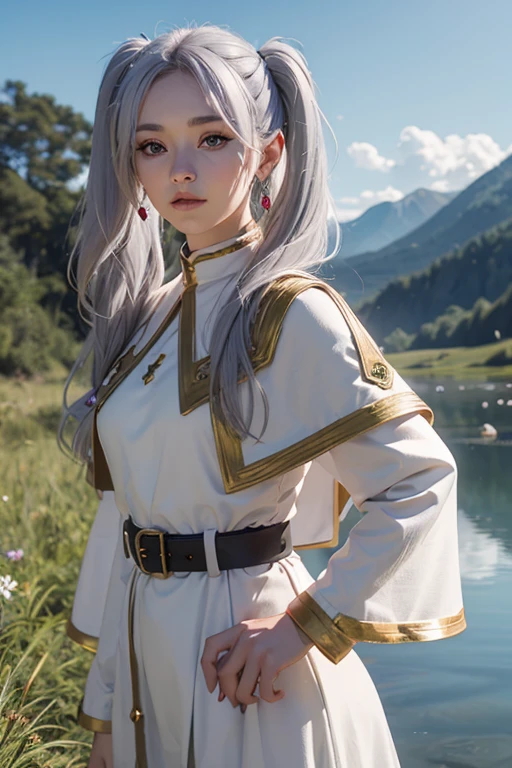 (Highest quality images, masterpiece), Detailed landscape,(((Gray Hair))), Beautiful green eyes with beautiful details,  quiet湖 (Reflecting the vibrant evening sky),Color nuances,quiet, Freezing, One girl, Long Hair, Pointed Ears, Twin tails, jewelry, Fairy, Earrings, Capelet, white Capelet, Long sleeve, Parted bangs, dress, belt, flower, Small breasts, Wide Hips, View, Hide your hands, Close Mount,