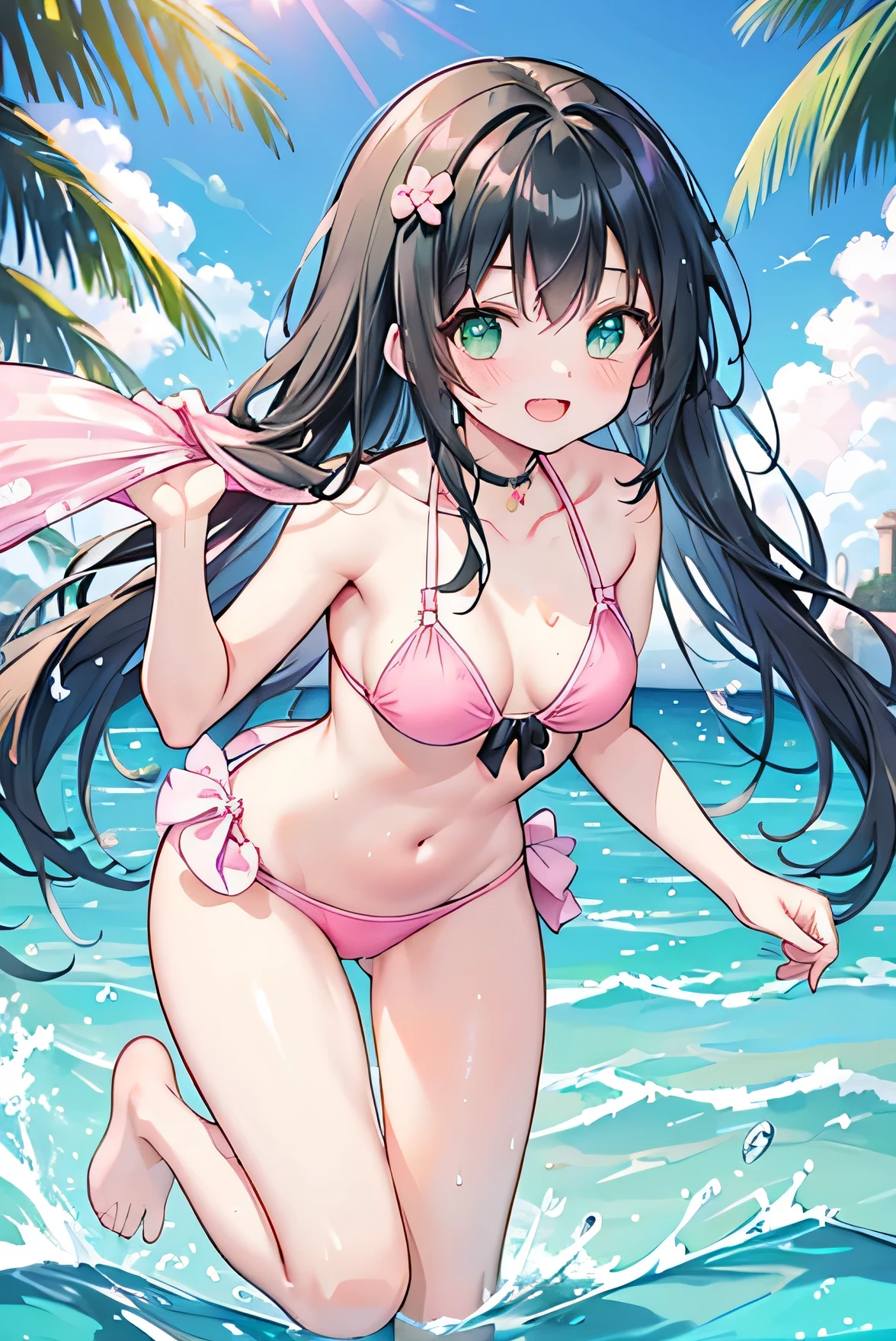 One girl,One person,,Glamorous Body,cute,A mischievous smile,Open your mouth,Emerald green eyes,Black Hair,long hair,(((Pink Bikini))),Whole body,stand,front,Leaning forward,Splashing water with both hands,Splash,barefoot,Waist-deep in the sea,Blue sky,