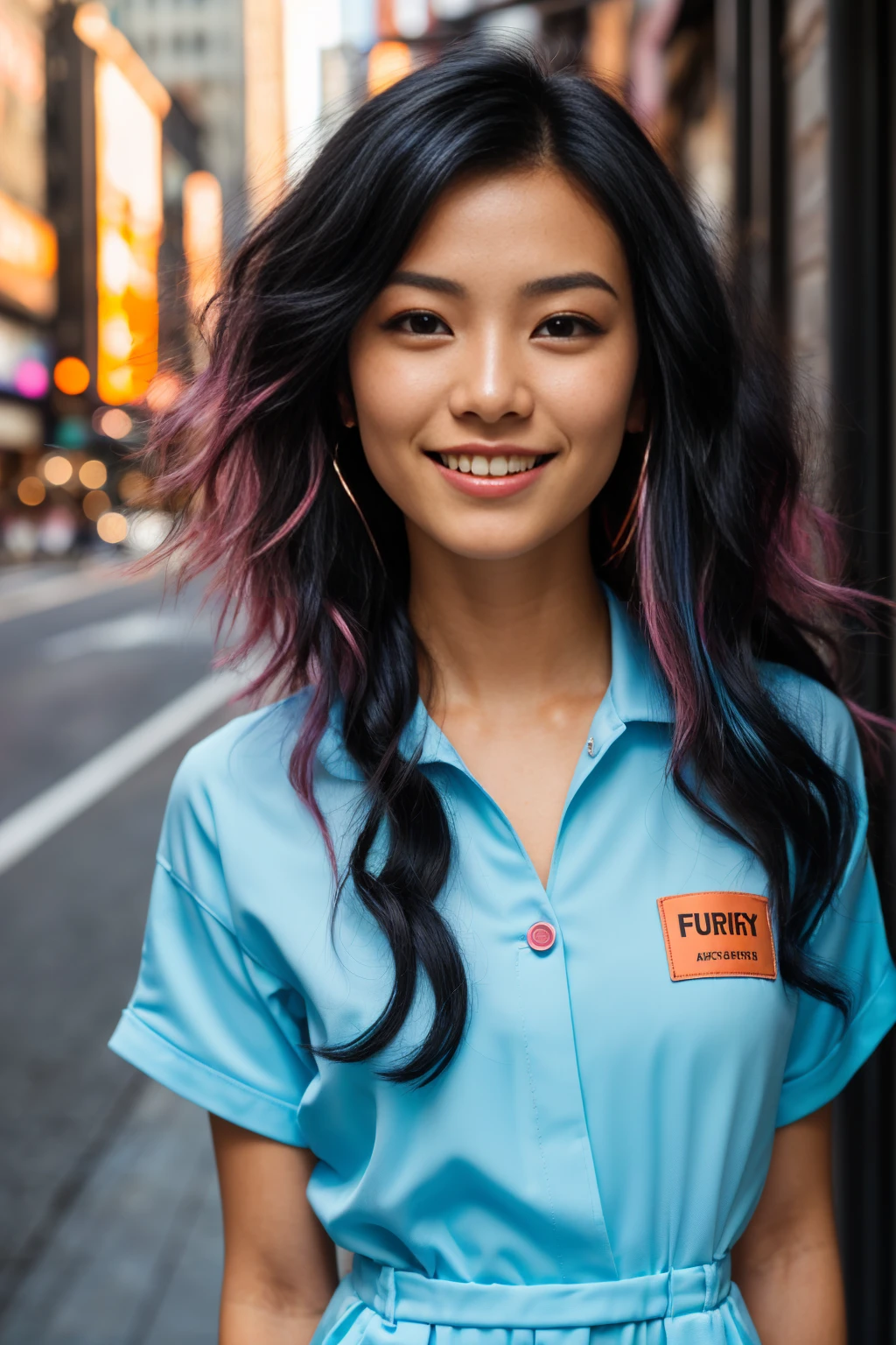 arafed woman with black hair , flowing pink hair, with black hair with blue highlights, photo of a beautiful woman, long flowing black hair, pink golden hour, curly black hair, beautiful young asian woman, beautiful asian woman, wild ginger hair, pink wispy hair, light black hair, a young asian woman, an asian woman, infp young woman, Portrait photo of a 24-year-old french girl in RAW UHD format (Black-eyed woman) Walk down the  alley, day city, Details (textures! , Hair! , glistering, Color!! , imperfections: 1.1), highly detailed glossy eyes (looking at the camera), DSLR Lighting, SLR camera, Ultra-Quality, sharpness, Depth of field, Film grain (Downtown), Fujifilm XT3, Crystal clear, Frame Center, beatiful face, sharp-focus, neon lighting, bokeh (lit), day time, (open sky), detailed skin pores, oilly skin, suntan, Complex eye details, new york city, (smiling:1.2), ((orange prison jump suit))
