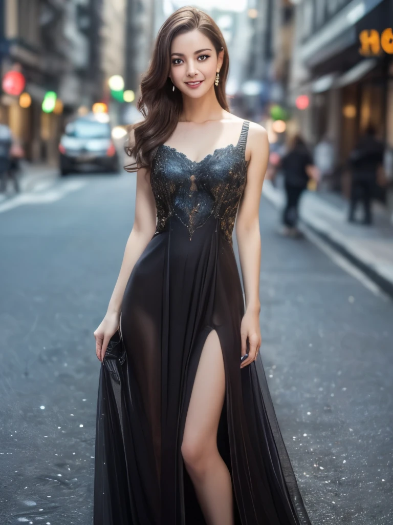 ((Highest quality, Ultra high definition, 8k Raw Photo:1.5, masterpiece:1.3)), One girl, whole body, smile, Slim face, Beautiful woman, (Dark brown hair), Full-length dress:1.1, Highly detailed face, Detailed eyes, double eyelid, Blur the background, Slim face, city, outside, street,