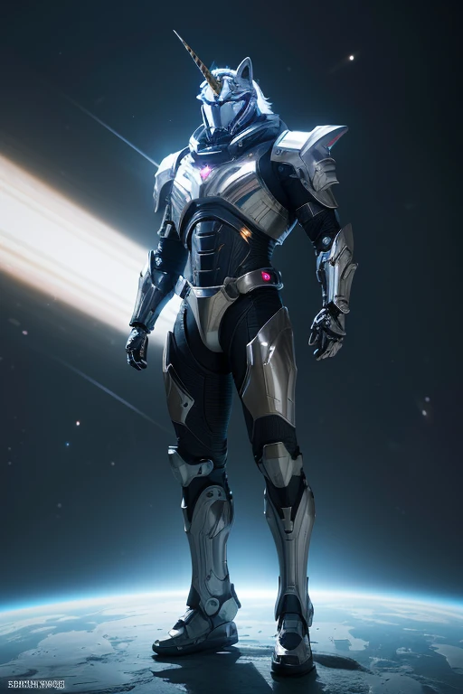 A highly detailed digital painting of a unicorn in a futuristic combat suit, sleek mechanical design, muscular body, intricate armor plates, glowing energy effects, space environment, cinematic lighting, hyper-realistic, 8K, photorealistic, concept art, intricate detail, dynamic pose, moody colors 男 バイザー